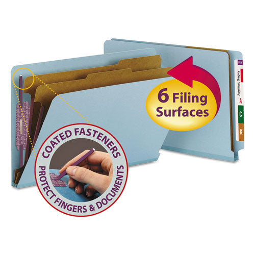 End Tab Pressboard Classification Folders, Six Safeshield Fasteners, 2" Expansion, 2 Dividers, Legal Size, Blue, 10/box