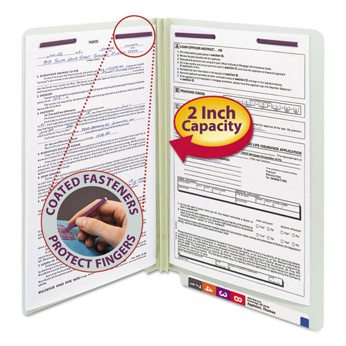 End Tab Pressboard Classification Folders, Two Safeshield Coated Fasteners, 2" Expansion, Legal Size, Gray-green, 25/box