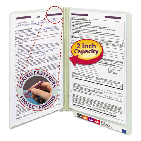 End Tab Pressboard Classification Folders, Two Safeshield Coated Fasteners, 2" Expansion, Legal Size, Gray-green, 25/box