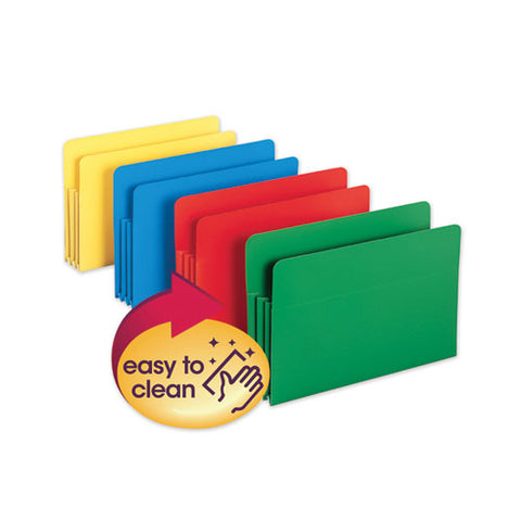 Poly Drop Front File Pockets, 3.5" Expansion, Legal Size, Assorted Colors, 4/box