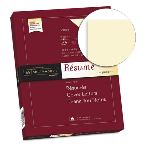 100% Cotton Resume Paper, 24 Lb Bond Weight, 8.5 X 11, Ivory, 100/pack