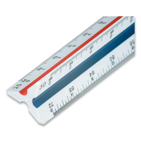 Triangular Scale Plastic Engineers Ruler, 12" Long, White With Colored Grooves