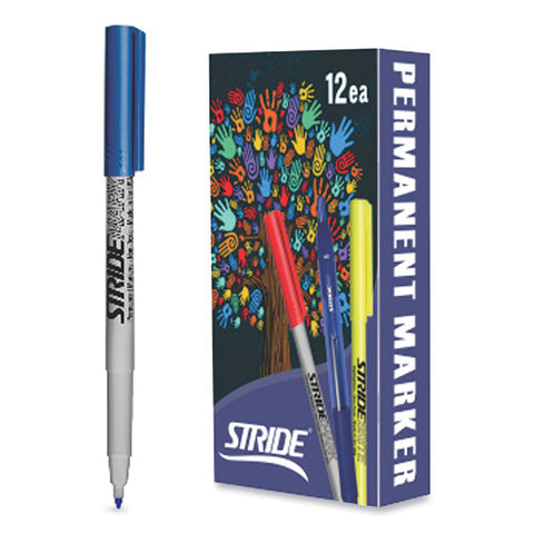 Stridemark Permanent Marker, Fine Bullet Tip, Blue, 12/pack