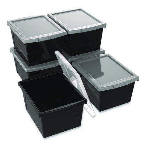 Storage Bin With Lid, 4 Gal, 11.25" X 11.25" X 7.87", Black, 6/pack