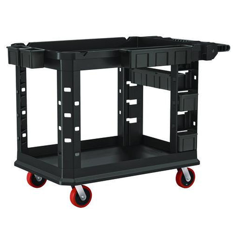 Heavy Duty Plus Utility Cart, Plastic, 2 Shelves, 6 Bins, Capacity, 26.5" X 48.78" X 34.81", Black