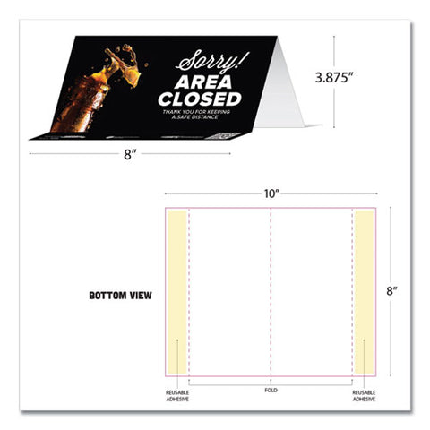 Besafe Messaging Table Top Tent Card, 8 X 3.87, Sorry! Area Closed Thank You For Keeping A Safe Distance, Black, 100/carton