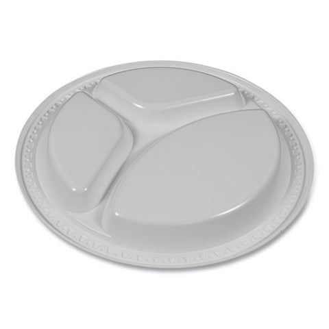 Plastic Dinnerware, 3-compartment Plates, 9" Dia, White, 125/pack