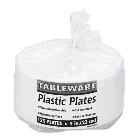 Plastic Dinnerware, 3-compartment Plates, 9" Dia, White, 125/pack