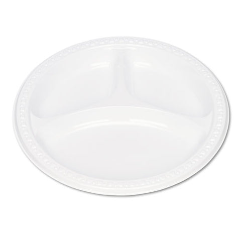 Plastic Dinnerware, 3-compartment Plates, 9" Dia, White, 125/pack