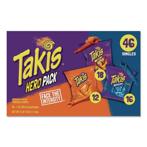Hero Pack Tortilla Chips, Blue Heat/fuego/intense Nacho, 1 Oz Bag, 46/carton