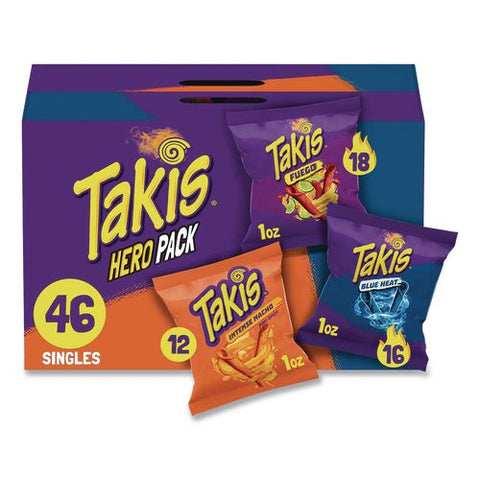 Hero Pack Tortilla Chips, Blue Heat/fuego/intense Nacho, 1 Oz Bag, 46/carton