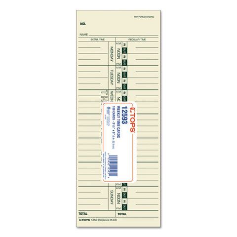 Time Clock Cards, Replacement For 10-800292/m-33, One Side, 3.5 X 9, 100/pack