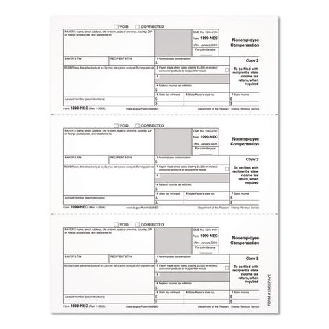 2024 1099-nec Copy 1 Or 2 Laser/inkjet Tax Forms, 8.5 X 3.66, 3 Forms/sheet, 150 Forms Total