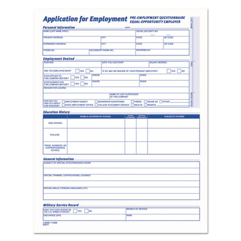 Comprehensive Employee Application Form, One-part (no Copies), 17 X 11, 25 Forms Total