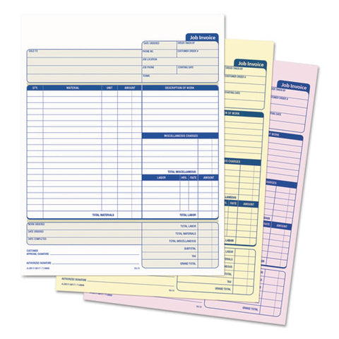 Job Invoice, Snap-off Triplicate Form, Three-part Carbonless, 8.5 X 11.63, 50 Forms Total