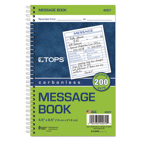 Spiralbound Message Book, Two-part Carbonless, 5 X 4.25, 2 Forms/sheet, 200 Forms Total