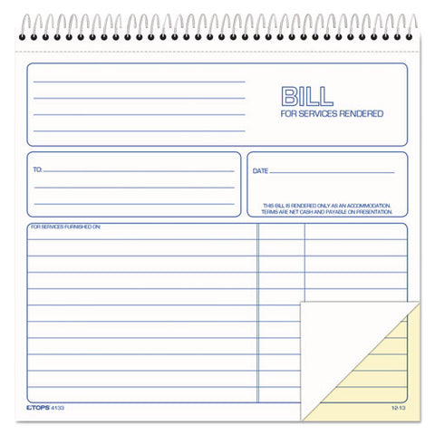 Bill For Services Rendered Book, Two-part Carbonless, 8.5 X 7.75, 50 Forms Total