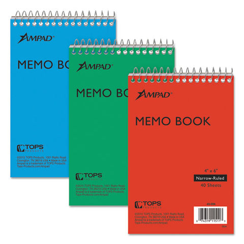 Memo Pads, Narrow Rule, Assorted Cover Colors, 40 White 4 X 6 Sheets, 3/pack