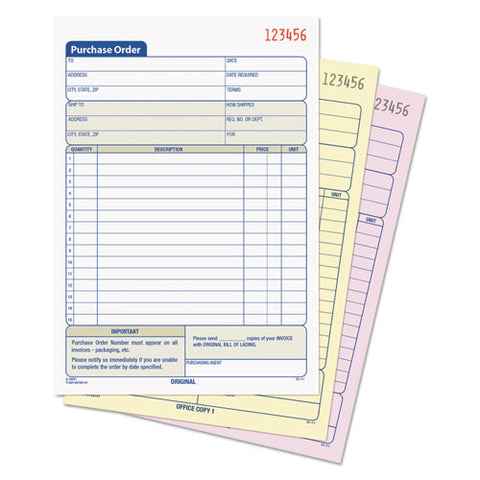 Purchase Order Book, 15 Lines, Three-part Carbonless, 5.56 X 8.44, 50 Forms Total