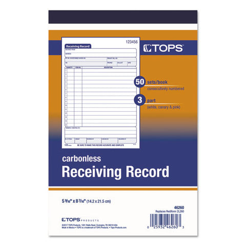 Receiving Record Book, Three-part Carbonless, 5.56 X 7.94, 50 Forms Total