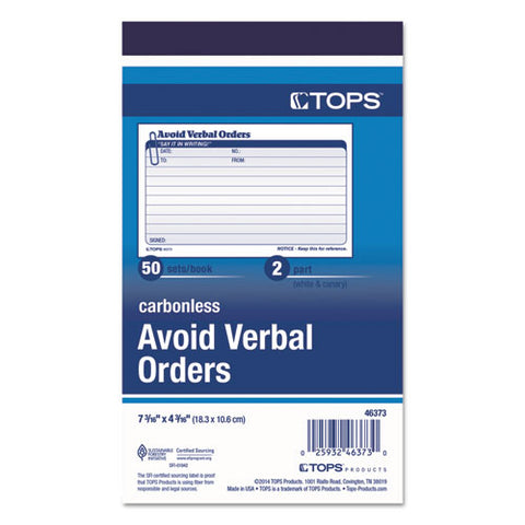 Avoid Verbal Orders Manifold Book, Two-part Carbonless, 6.25 X 4.25, 50 Forms Total