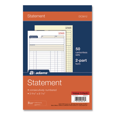 Multipart Statement Pad, Two-part Carbonless, 5.56 X 7.94, 50 Sets/pad, 3 Pads/pack