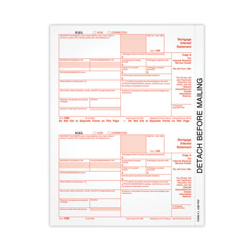1098 Mortgage Interest Tax Form, Fiscal Year: 2021, One-part (no Copies), 8 X 5.5, 2 Forms/sheet, 50 Forms Total