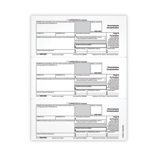 1099-nec Tax Forms, Fiscal Year: 2021, One-part (no Copies), 8.5 X 3.67, 3 Forms/sheet, 50 Forms Total