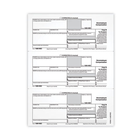 1099-nec Tax Forms, Fiscal Year: 2021, One-part (no Copies), 8.5 X 3.67, 3 Forms/sheet, 50 Forms Total
