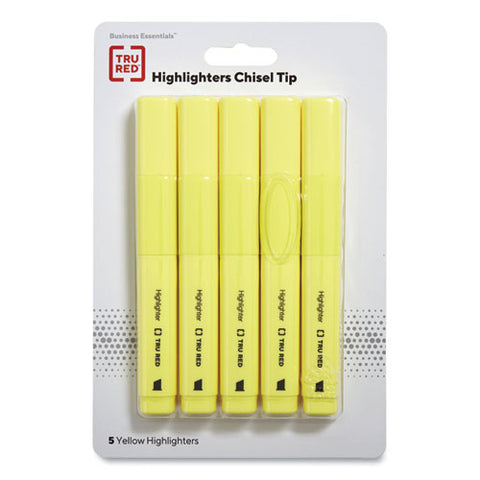 Tank Style Chisel Tip Highlighter, Yellow Ink, Chisel Tip, Yellow Barrel, 5/pack