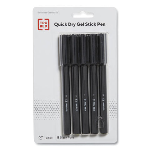 Quick Dry Gel Pen, Stick, Medium 0.7 Mm, Black Ink, Black Barrel, 5/pack