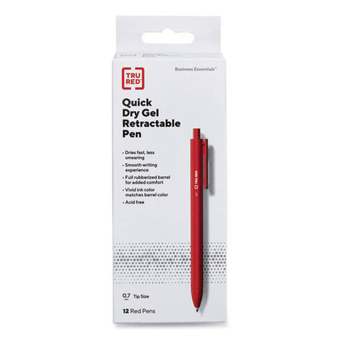 Quick Dry Gel Pen, Retractable, Medium 0.7 Mm, Red Ink, Red Barrel, Dozen