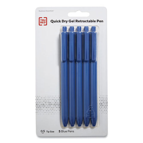 Quick Dry Gel Pen, Retractable, Fine 0.5 Mm, Blue Ink, Blue Barrel, 5/pack