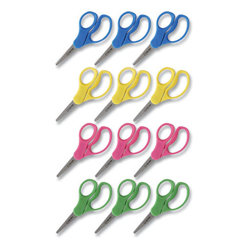 Kids' Pointed Tip Stainless Steel Scissors, 5" Long, 2.05" Cut Length, Straight Assorted Color Handles, 12/pack