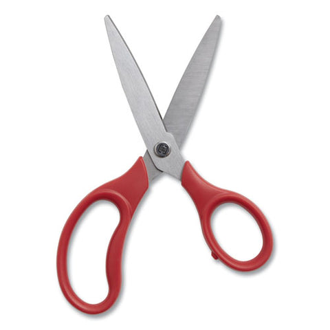 Ambidextrous Stainless Steel Scissors, 7" Long, 3.15" Cut Length, Straight Ergonomic Red Handle