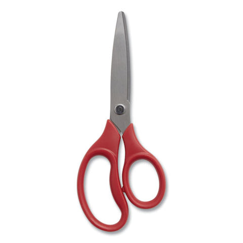 Ambidextrous Stainless Steel Scissors, 7" Long, 3.15" Cut Length, Straight Ergonomic Red Handle