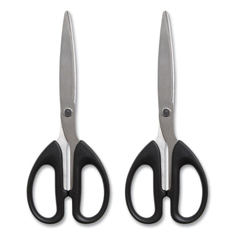 Ambidextrous Stainless Steel Scissors, 8" Long, 3.86" Cut Length, Straight Symmetrical Black Handle, 2/pack