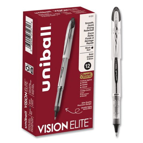 Vision Elite Rollerball Pen, Stick, Bold 0.8 Mm, Black Ink, White/black/clear Barrel, Dozen