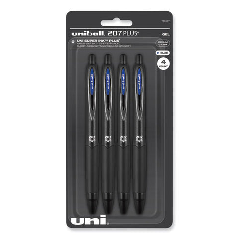 207 Plus+ Gel Pen, Retractable, Medium 0.7 Mm, Blue Ink, Black Barrel, 4/pack