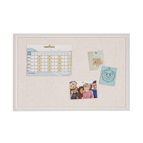 Linen Bulletin Board With Decor Frame, 30" X 20", Tan Surface, White Wood Frame