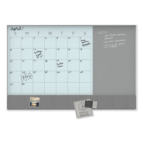 3n1 Magnetic Glass Dry Erase Combo Board, Monthly Planning, 24 X 18 (actual Size: 23 X 17), Gray/white Surface, White Frame