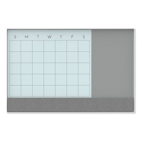 3n1 Magnetic Glass Dry Erase Combo Board, Monthly Planning, 24 X 18 (actual Size: 23 X 17), Gray/white Surface, White Frame