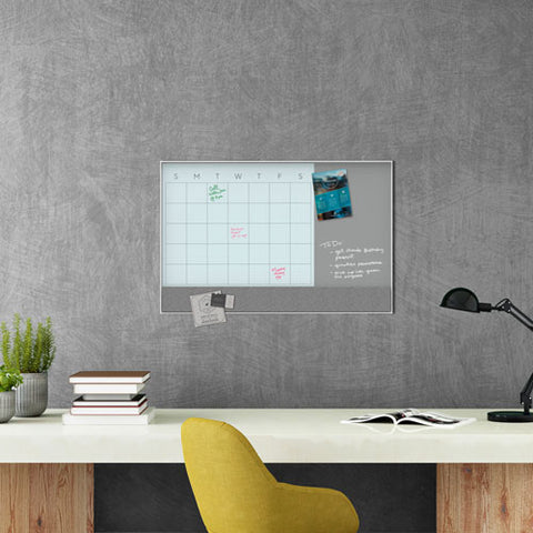 3n1 Magnetic Glass Dry Erase Combo Board, Monthly Planning, 36 X 24 (actual Size: 35" X 23"), Gray/white Surface, White Frame