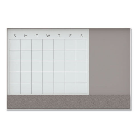 3n1 Magnetic Glass Dry Erase Combo Board, Monthly Planning/scheduling, 47" X 35", Gray/white Surface, White Aluminum Frame