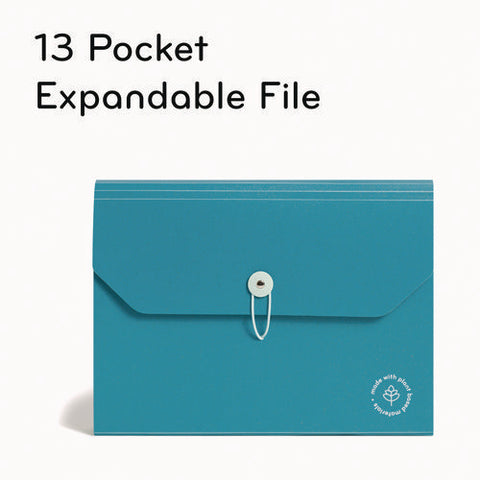 U-eco 13-pocket Expandable File, 9.75" Expansion, 13 Sections; Button/elastic Closure, 1/12-cut Tabs, Letter Size, Ocean