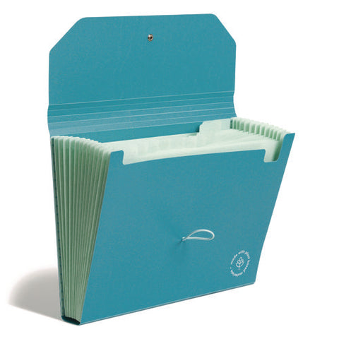 U-eco 13-pocket Expandable File, 9.75" Expansion, 13 Sections; Button/elastic Closure, 1/12-cut Tabs, Letter Size, Ocean