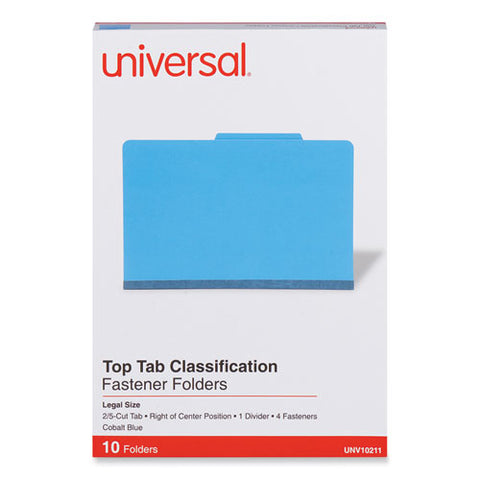 Bright Colored Pressboard Classification Folders, 2" Expansion, 1 Divider, 4 Fasteners, Legal Size, Cobalt Blue, 10/box