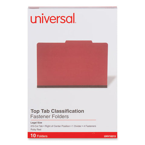 Bright Colored Pressboard Classification Folders, 2" Expansion, 1 Divider, 4 Fasteners, Legal Size, Ruby Red Exterior, 10/box