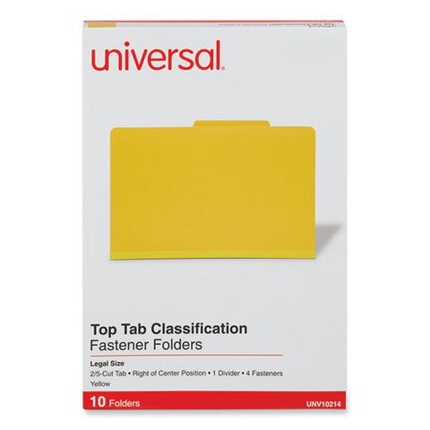 Bright Colored Pressboard Classification Folders, 2" Expansion, 1 Divider, 4 Fasteners, Legal Size, Yellow Exterior, 10/box