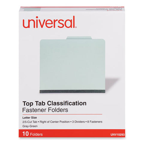 Eight-section Pressboard Classification Folders, 3" Expansion, 3 Dividers, 8 Fasteners, Letter Size, Gray-green, 10/box